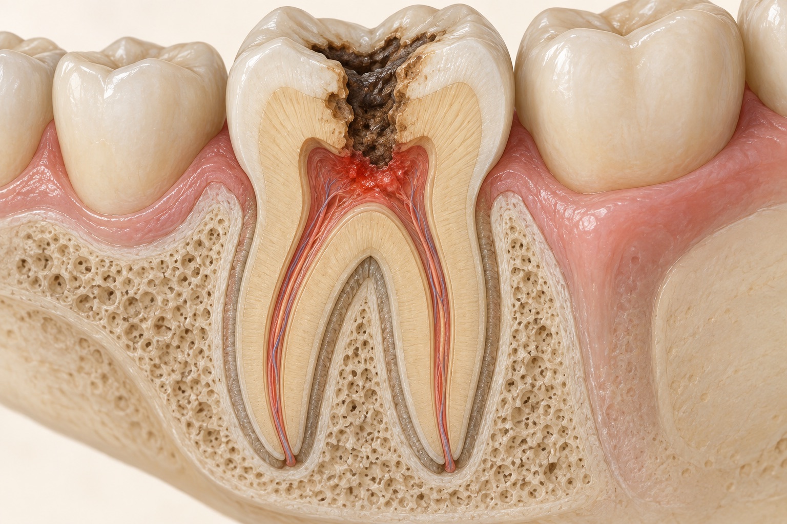 Dental illustration of deep decay extending toward the nerve inside a back tooth